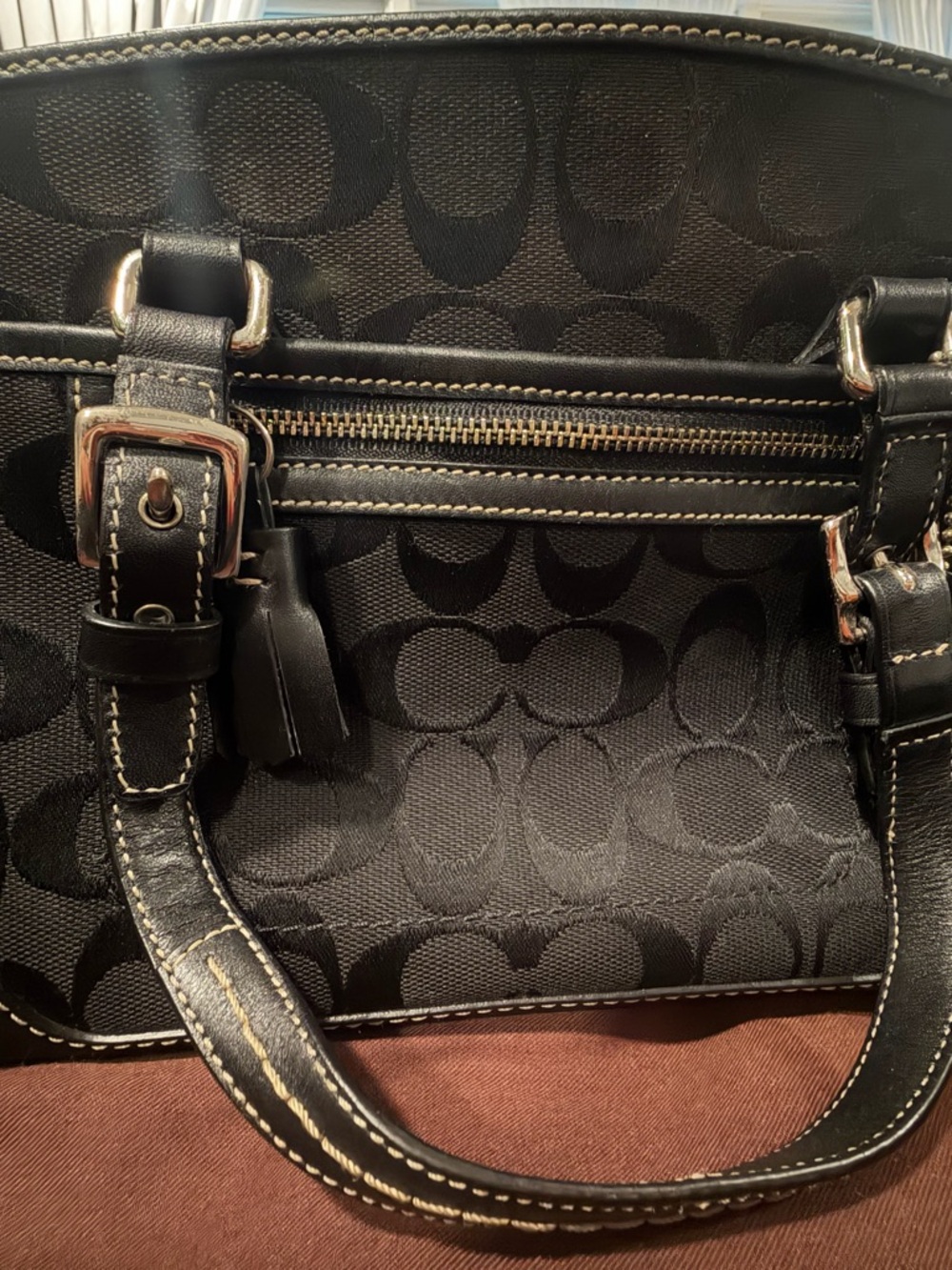 Coach Black Signature Jacquard Leather Trim Satchel Shoulder Bag